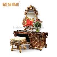 Royal Classic European Style Antique Fine Carving Full Set Vanity Dressing Table with Golden Mirror and Stool