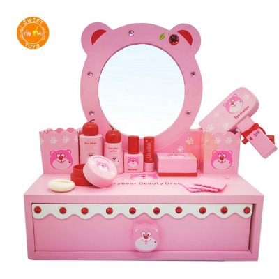 Hot Selling Preschool Educational Luxury Princess Cosmetics Gift Set, Girls Pink Wooden Dresser Pretend Dressing Toy