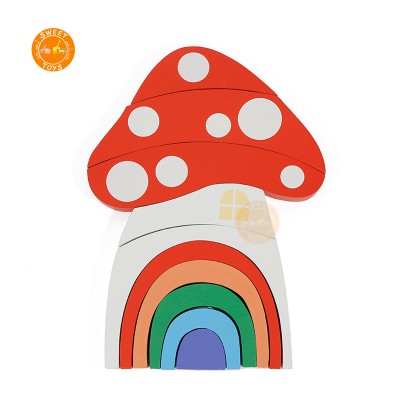 Wooden Rainbow mushroom house Puzzle Blocks Stacking Game Building Jigsaw Learning Educational Toys for Kids