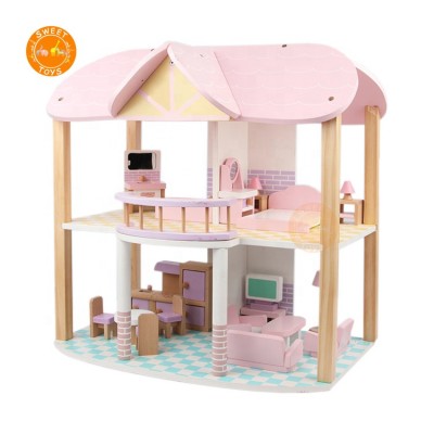 2 Floors Baby Pretend Role Play Wooden Kids Doll House For Girls Birthday