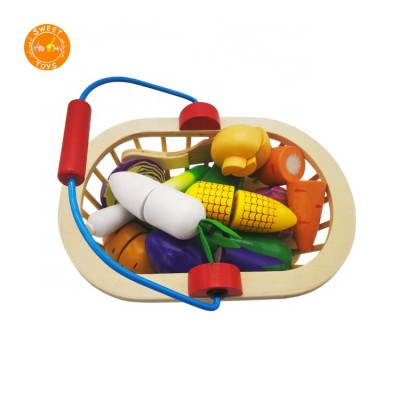 Pretend Play Kitchen Wooden Vegetables Basket Set, Children Pretend Play Wooden Vegetable Cutting Set Children Kitchen Toys