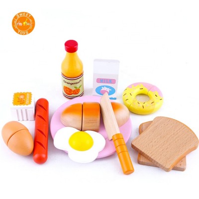 Hot Sale Breakfast Wooden Cutting Bread Kids Kitchen Toy Set, Wood Educational Cooking Toaster Kitchen Toys