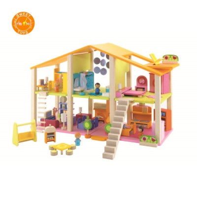 Eco friend happy family wooden toy DIY doll house furniture toys set,beautiful Indoor children educational toy wooden doll house