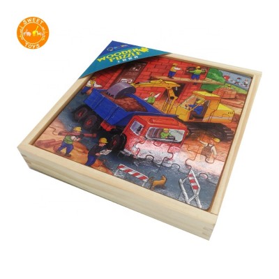 Hot Selling Unique Pieces Challenge Kids Puzzle, Construction Site Vehicles Storage Tray  Educational Toy Wooden Puzzle