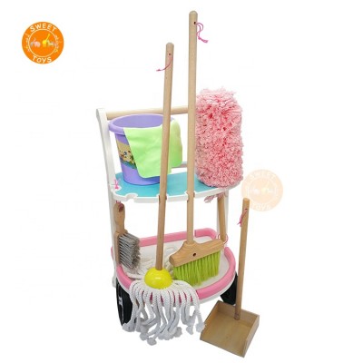 Preschool role play wooden cleaning set educational Children's sweeping trolley Kit Toys for kids