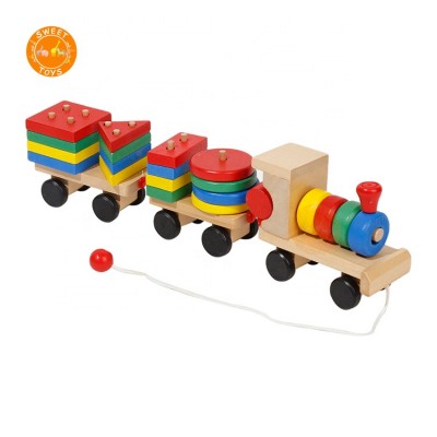 Hot Sale Wood Block Wooden Pulling Kids Toy Train, Baby Developmental Toy Geometric Blocks Wooden Train